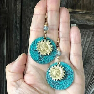 Gold Tone & Patina Green Circle Sunflower Flower Drop Earrings